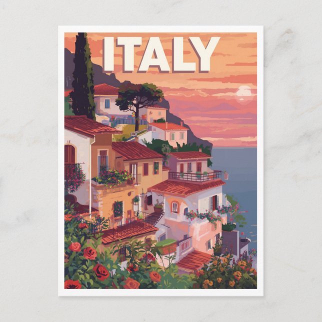 Retro Italy Riviera Seaside Villa and Ocean Vykort (Framsida)