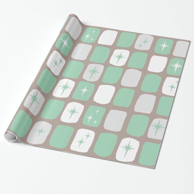 Retro Jade Starbursts Wrapping Papper Presentpapper (Utrullad)
