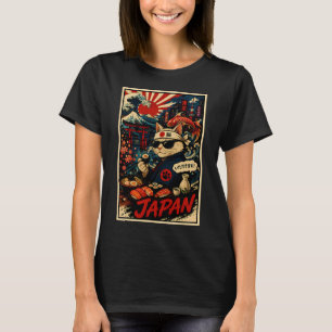 Retro Japan Katt Sushi Affisch med Ukiyo Inspirera T Shirt