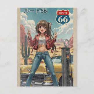 Retro Japanese Anime Girl on Route 66 Vintage Post Helg Vykort