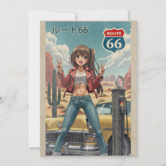 Retro Japanese Anime Girl on Route 66 Vintage Post Tack Kort