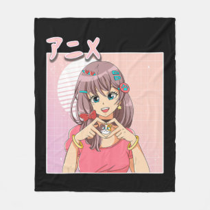 Retro Japansk Anime Girl Vaporwave Aesthetic Rosa Fleecefilt