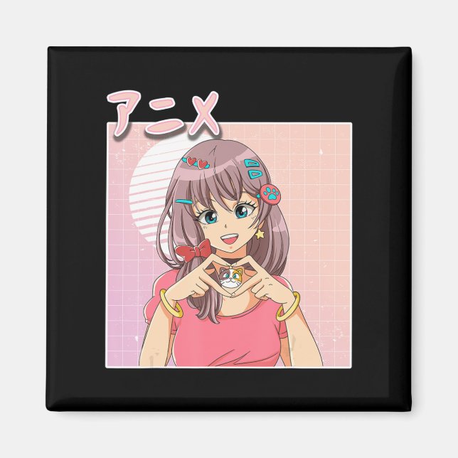 Retro Japansk Anime Girl Vaporwave Aesthetic Rosa Magnet (Framsidan)