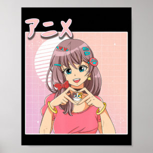 Retro Japansk Anime Girl Vaporwave Aesthetic Rosa Poster
