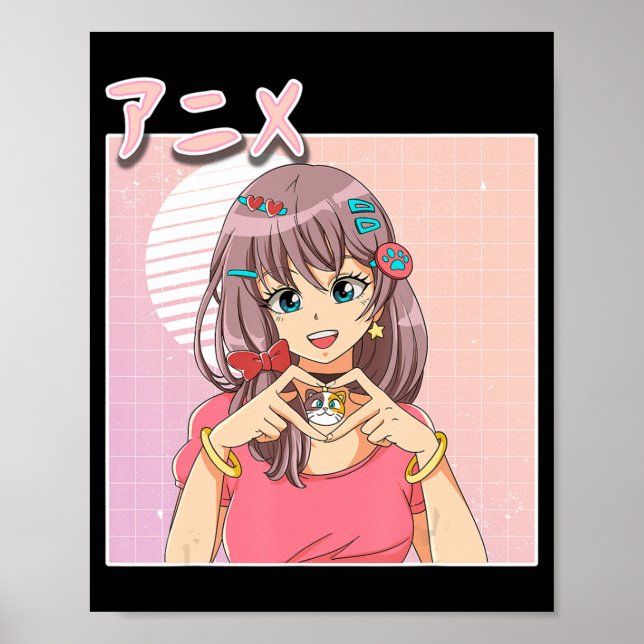 Retro Japansk Anime Girl Vaporwave Aesthetic Rosa Poster (Framsidan)