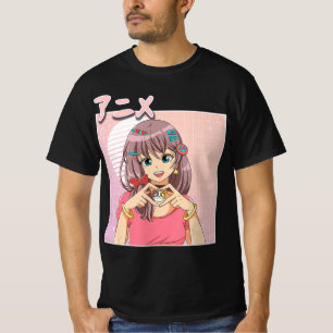Retro Japansk Anime Girl Vaporwave Aesthetic Rosa T Shirt