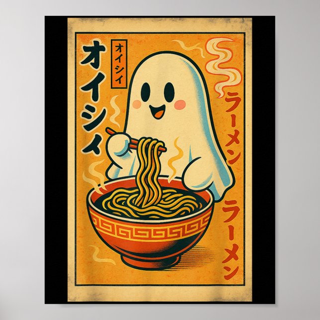 Retro Japansk Ghost Eating Ramen Kawaii Art Poster (Framsidan)