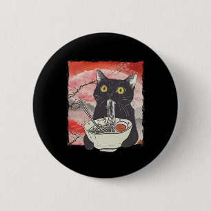 Retro japansk katt Eating Ramen Funny Noodles Knapp