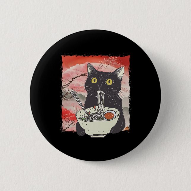 Retro japansk katt Eating Ramen Funny Noodles Knapp (Framsida)