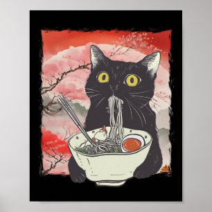 Retro japansk katt Eating Ramen Funny Noodles Poster