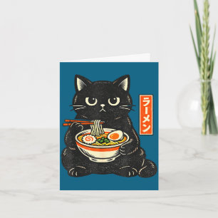 Retro japansk kawaii ramen katt som äter nudlar kort
