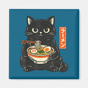 Retro japansk kawaii ramen katt som äter nudlar magnet