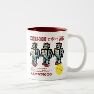 Retro japansk leksakrobotannonsering Två-Tonad mugg
