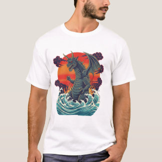 Retro Japansk Monster Stor Våg Solnedgång T Shirt