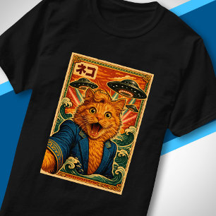 Retro Japansk UFO Katt Porträtt Utomjordiskt Möte T Shirt
