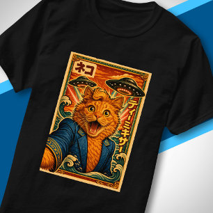 Retro japansk UFO-utomjording rolig söt kattporträ T Shirt