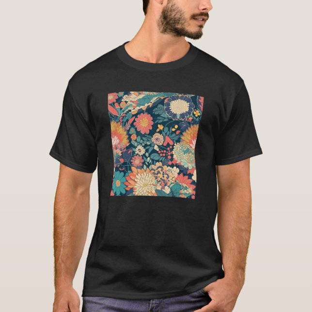 Retro Japanska Blomma Träblock Abstrakt Blommig M T Shirt (Framsida)