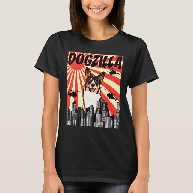 Retro Japanska Dogzilla Cardigan Welsh Corgi T Shirt (Framsida)