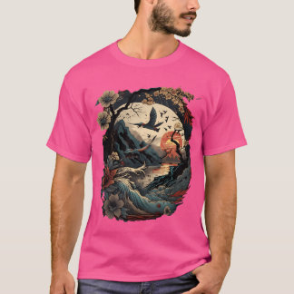Retro japanska fåglar försöker med Blommar och Vin T Shirt