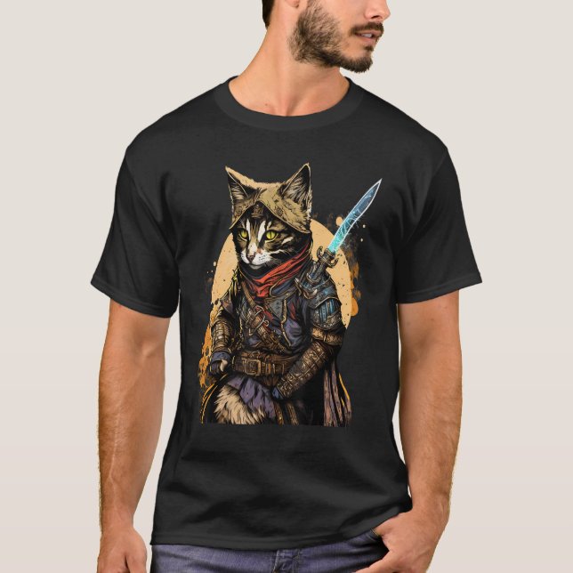 Retro Japanska Samurai Cat Bushido Warrior Sword V T Shirt (Framsida)