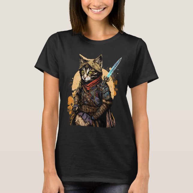 Retro Japanska Samurai Cat Bushido Warrior Sword V T Shirt (Framsida)