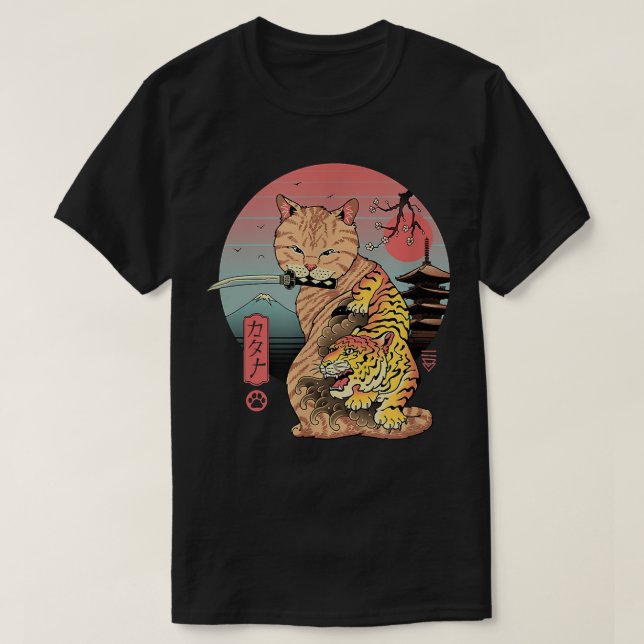 Retro Japanska Samurai Ninja Cat Kawaii Tattoo Cat T Shirt (Design framsida)