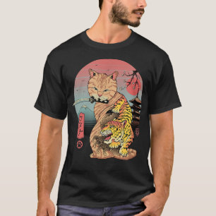 Retro Japanska Samurai Ninja Cat Kawaii Tattoo Cat T Shirt