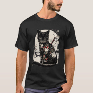 Retro Japanska Samurai Ninja Cat Kawaii Tattoo Gra T Shirt