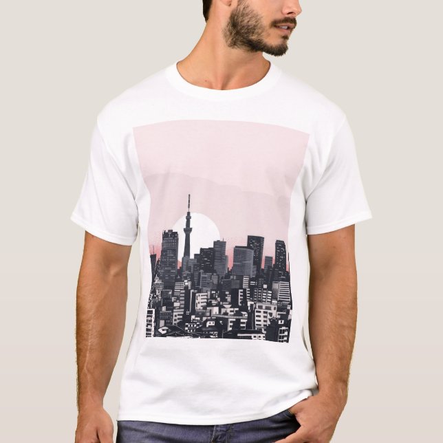 Retro Japanskt cityscape View T-Shirt (Framsida)