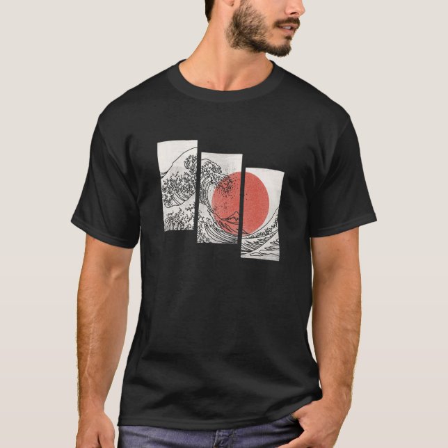 Retro Japanskt Flagga Underbar Wave Graphic Outli T Shirt (Framsida)