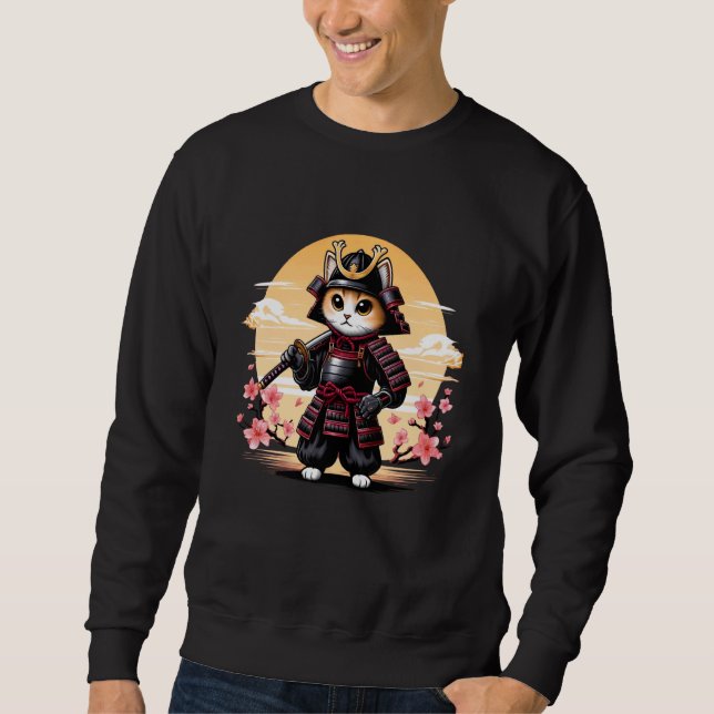 Retro Japanskt Kat Samurai Ninja Art Kattdjur Samu Lång Ärmad Tröja (Framsida)