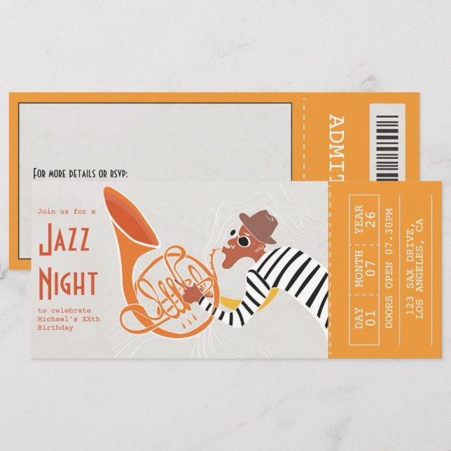 Retro Jazz Natt Biljett Inbjudningar (Fram/baksida)