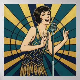 Retro Jazzsångarposter Blå och guld Vintage Poster