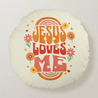 Retro “Jesus älskar mig” kristen konst – Groovy tr Rund Kudde