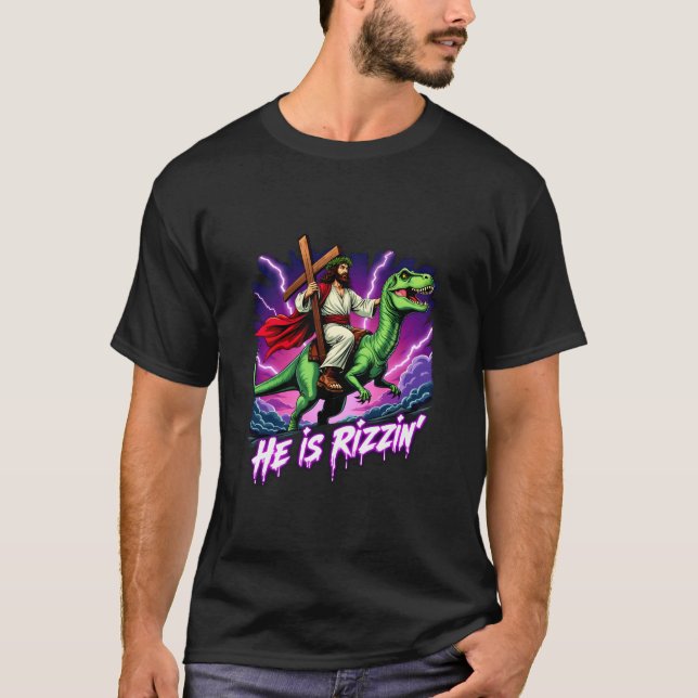 Retro Jesus Christian är Rizzin Riding T Rex Di T Shirt (Framsida)