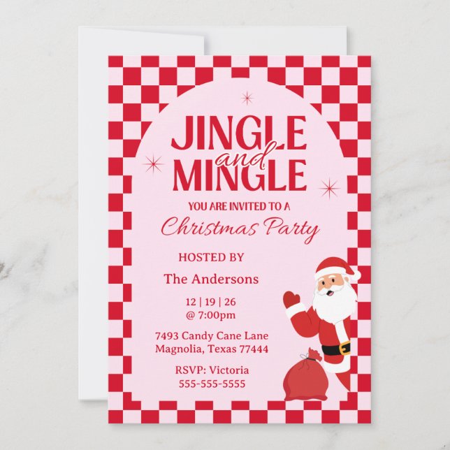 Retro Jingle And Mingle Christmas Checkerboard Red Inbjudningar (Framsida)