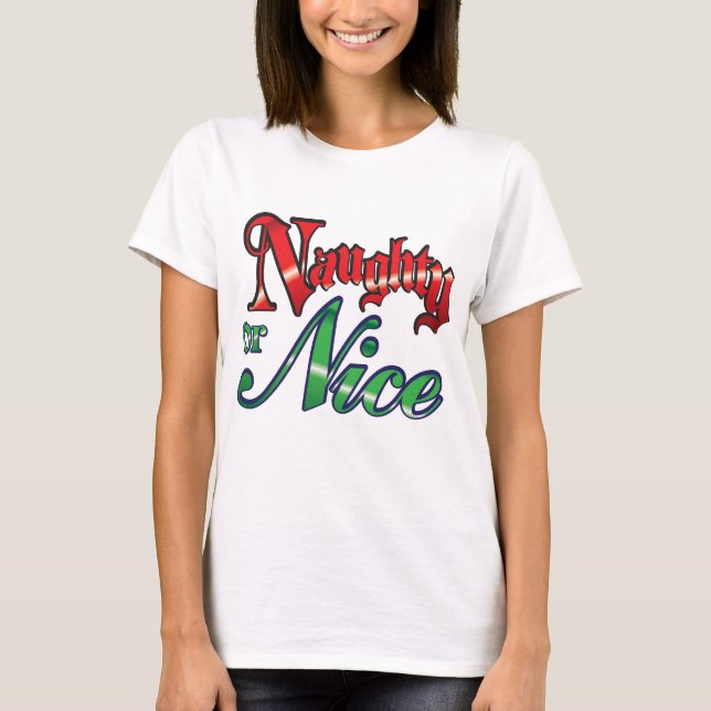 Retro jul, busiga eller snälla röda gröna bokstäve t shirt (Framsida)