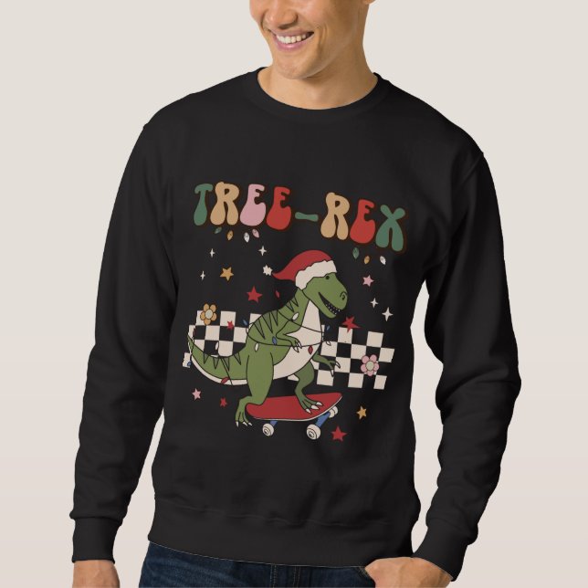 Retro jul Dinosaur Träd Rex Pajamas Trex Ska Lång Ärmad Tröja (Framsida)