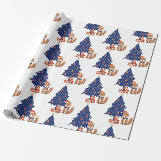 Retro jul Fox Illustration Blue Red Presentpapper (Utrullad)