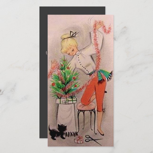 Retro jul Girl Trimming Träd Anpassningsbar Julkort (Fram/baksida)