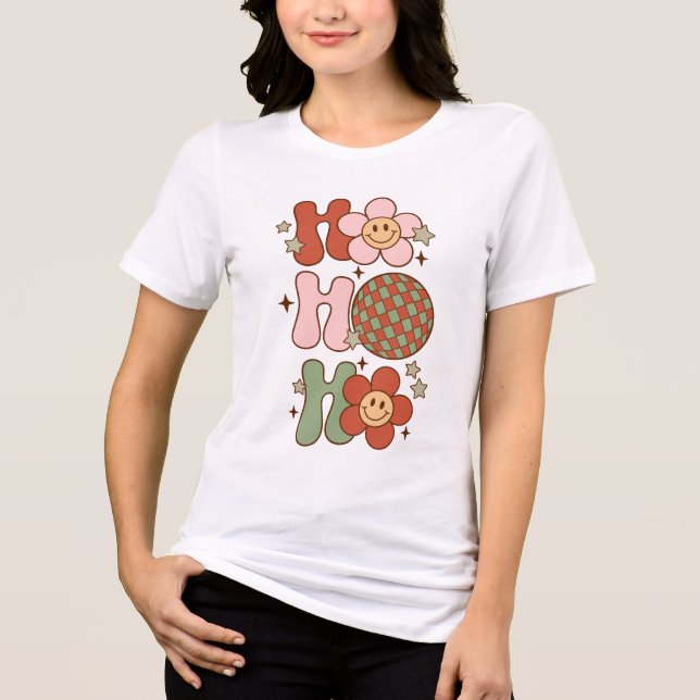 Retro jul Ho Ho Ho Lycklig Ansikte och Disco Boll T Shirt (Framsida)