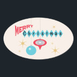 Retro jul-klistermärke hälsning ovalt klistermärke<br><div class="desc">Retro stil jul Hälsning med meddelandet "God jul" och en bild av flera träd-prydnadsföremål som var populära på 1950-talet.</div>