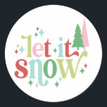 Retro-jul | LÅT DET SNÖA Runt Klistermärke<br><div class="desc">Den här lekande etiketten innehåller ordalydelsen "låt det snöa" med alternerande färg och gnistra accents. Färg omfattar rosa,  rött,  grönt och ljusblått.</div>