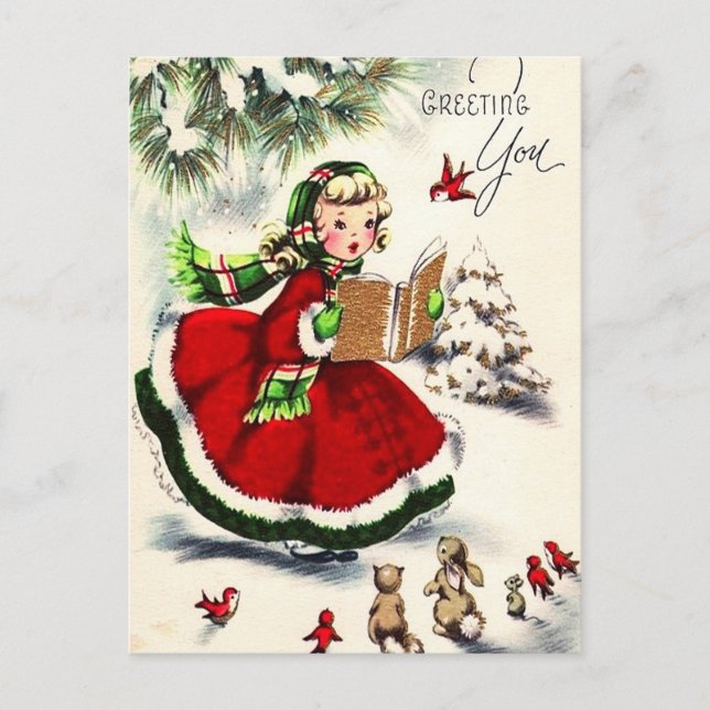 Retro jul Little Girl Singing Bunnies Vykort (Framsida)