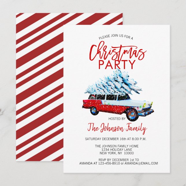 Retro jul Party Station Wagon Träd Red White Inbjudningar (Fram/baksida)