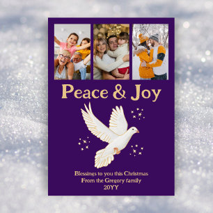 Retro jul Peace Joy Dove Lila Guld Photo Julkort