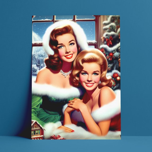 Retro jul pin-up tjejer vykort (Skapare uppladdad)