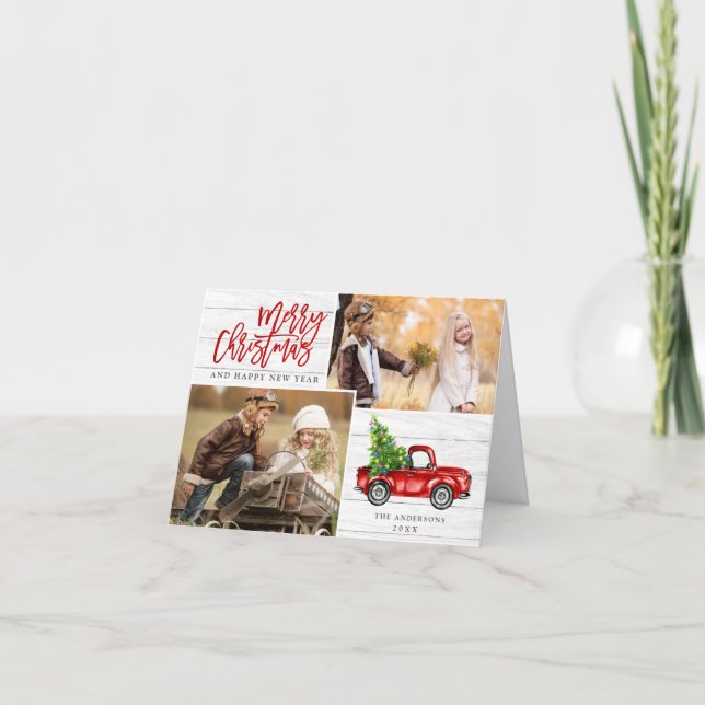 Retro jul Red Lastbil Rustic 2 PHOTO Hälsning Helgkort (Framsida)