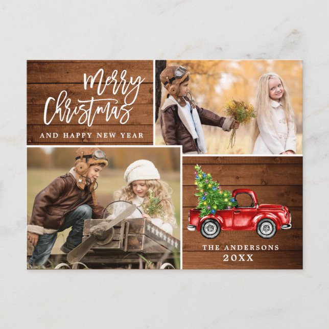 Retro jul Red Lastbil Rustic 2 PHOTO Hälsning Vykort (Framsida)