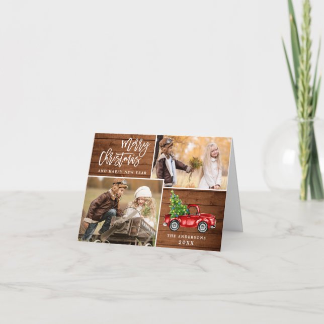 Retro jul Red Lastbil Rustic 3 PHOTO Hälsning Helgkort (Framsida)